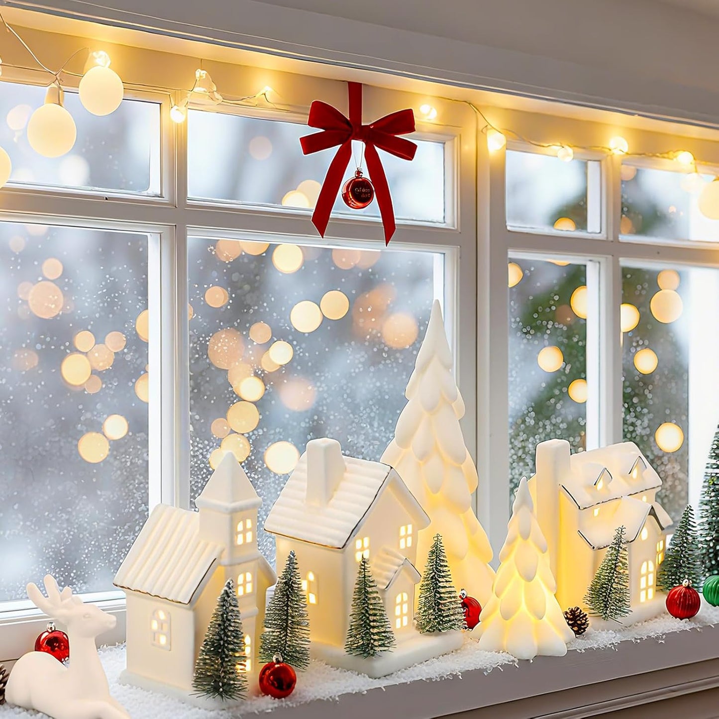Regine Switzerland 12-Pc Ceramic Christmas Village Set - White Houses, LED Trees & Reindeer Figurines for Holiday Decor