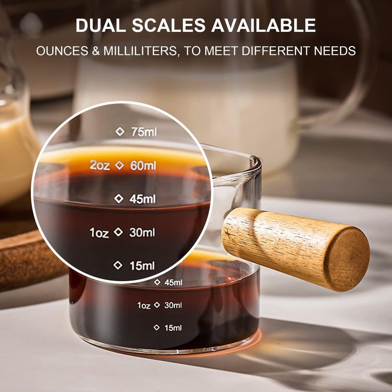 PARACITY Espresso Cups with Handle, 3.5OZ Double Spout Glass Measuring Cup with Dual Scale, Clear Espresso Shot Glass with V-Shaped Mouth, Espresso Accessories