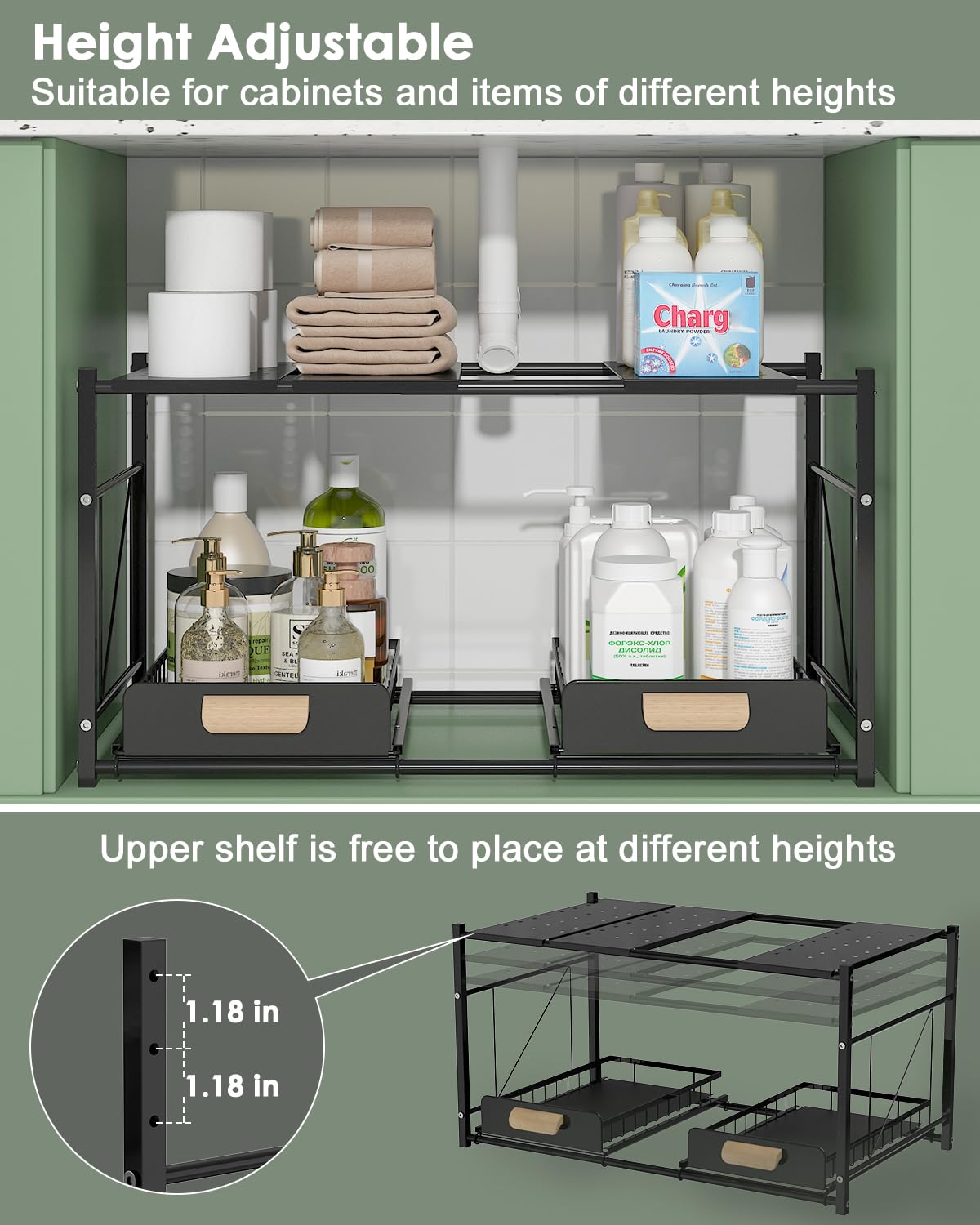 REALINN Extendable Under Sink Organizer, 2 Tier Expandable Under Cabinet Organizer Shelf with Height Adjustable, Retractable Cabinet Storage, Black
