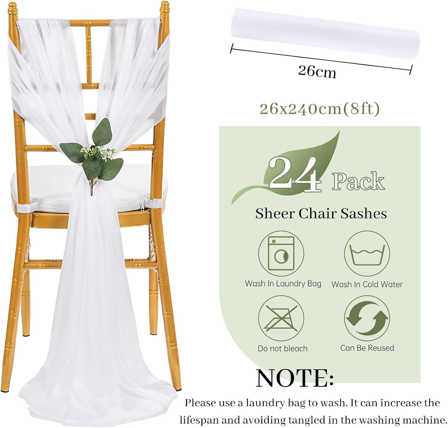 QueenDream Chair Sashes - Elegant White Draping Fabric for Weddings | 24 Packs, 8ft Long