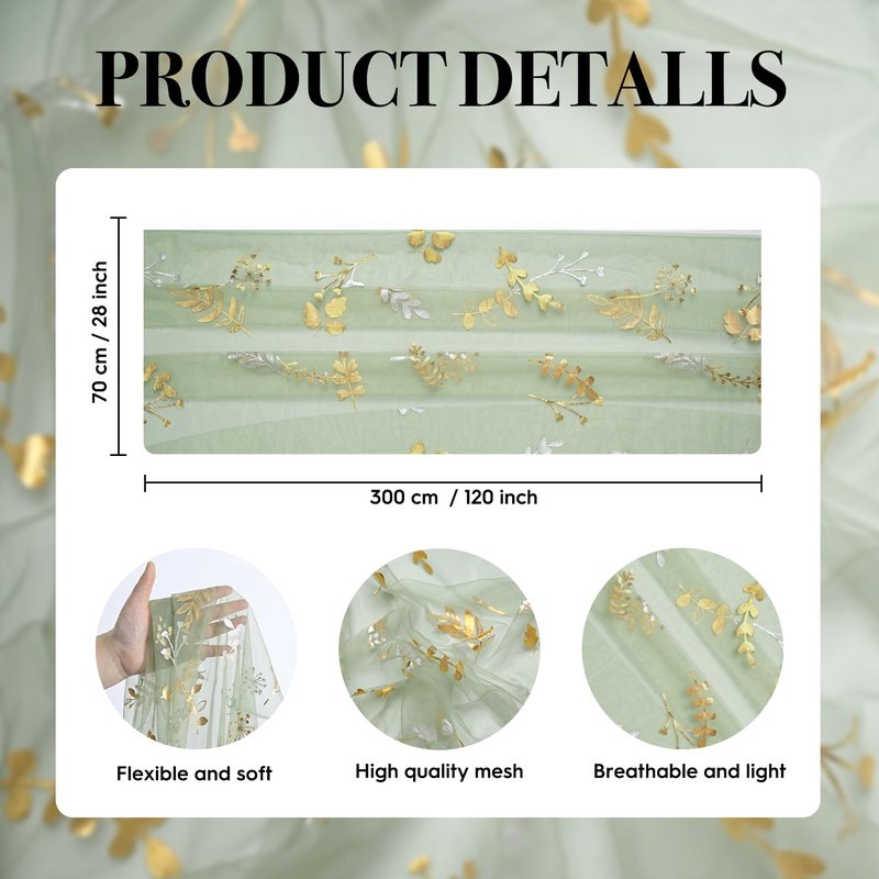 Artoid Mode Gold Floral Leaves Gauze Table Runner 10FT, Glitter Metallic Foil Sheer Dining Wedding Anniversary Birthday Table Decor for Home Party,Sage Green