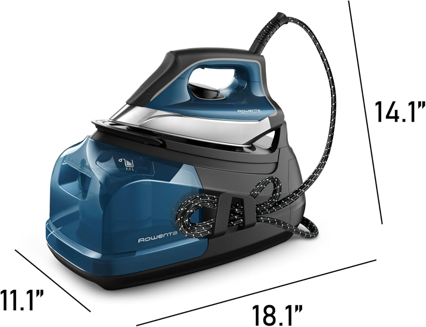 Rowenta Professional Iron Steamer - Fast Heat Up with 1.1L Removable Tank, Stainless Steel Soleplate, 1800 Watts, Blue