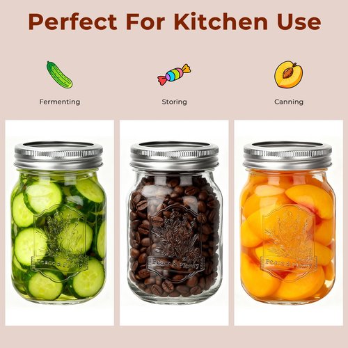 CycleMore 16oz 6 Pack Mason Glass Jars with Airtight Lids and Bands, Embossed Design Canning Jars, Pint Glass Jars for Pickling, Meal Prep, Freezing, Fermenting, Preserving, Jar Décor