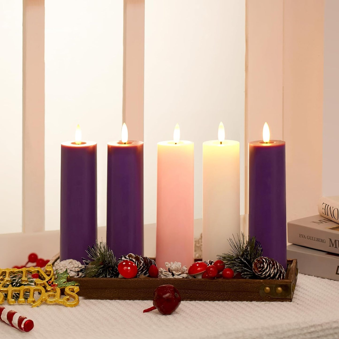 Stmarry Flameless Advent Candles Set - Battery Operated with Remote & Timer | 2x7 Pink & Purple Pillar Candles