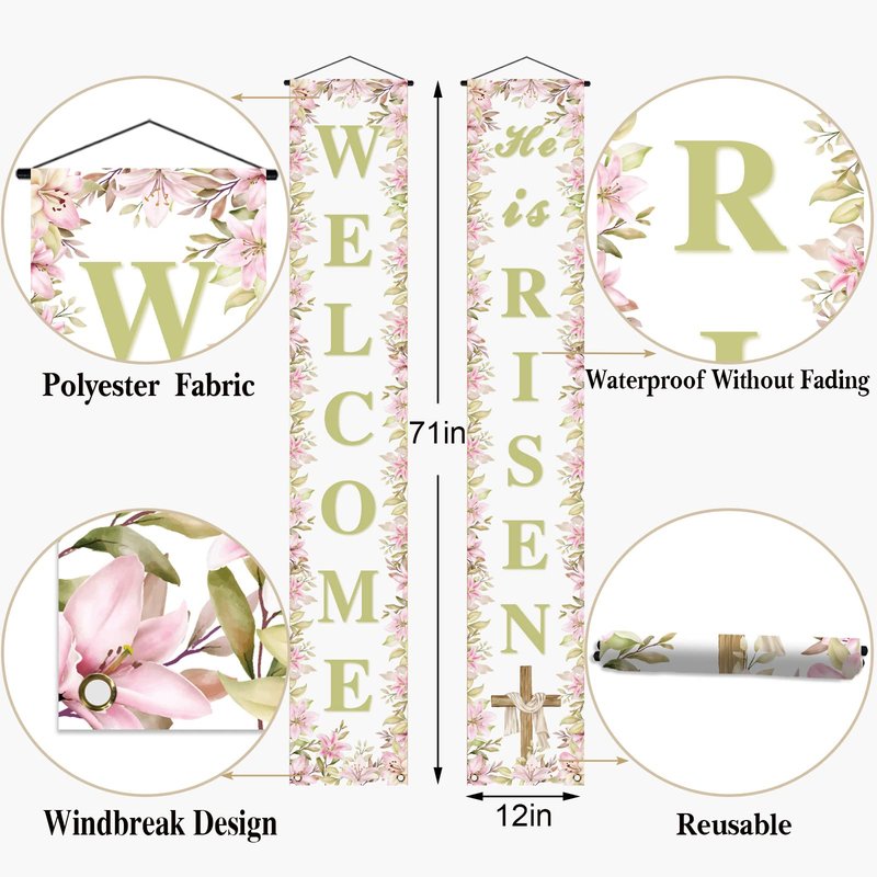Pudodo He Is Risen Porch Banner Easter Christian Cross Resurrection Religious Holiday Party Front Door Sign Wall Hanging Decor