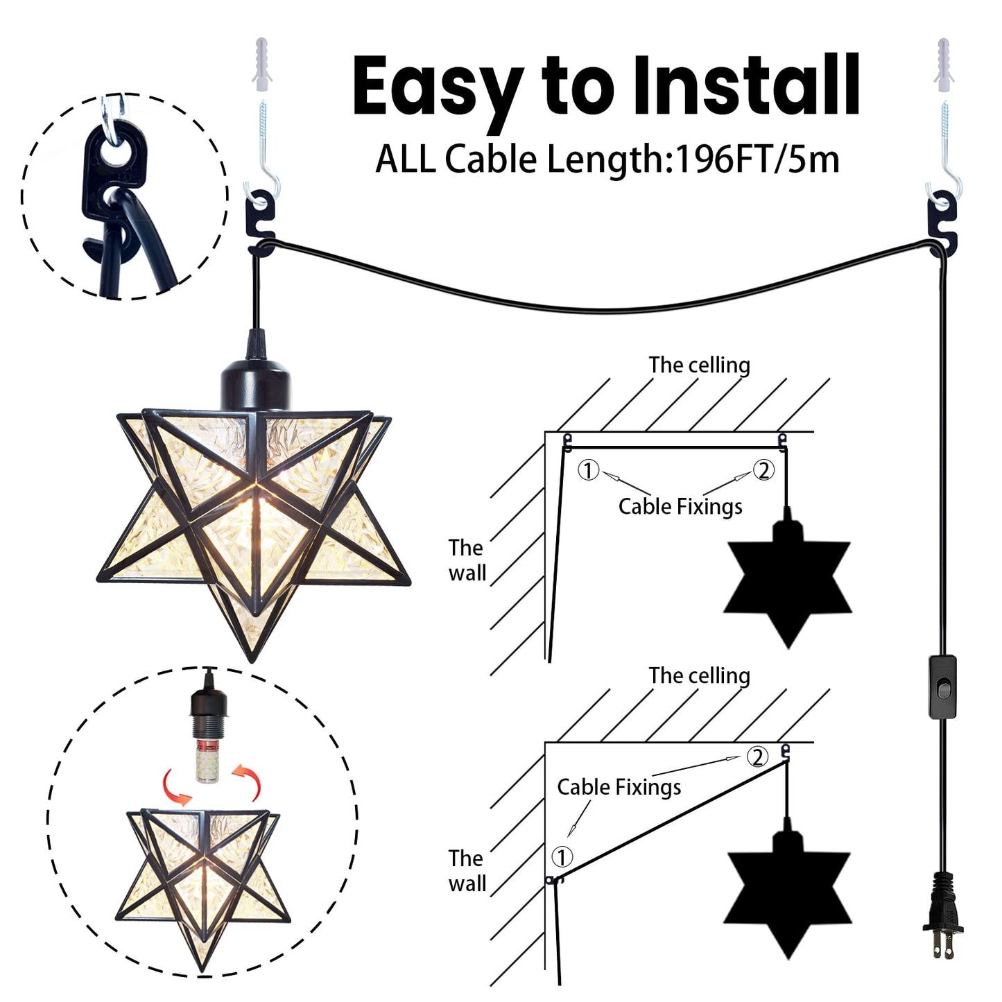 JLOWCO Plug-in Moravian Star Pendant Light with 16.5ft Cord and Switch, Modern Farmhouse Black Hanging Light for Kitchen Island Bedroom Hallway Porch Etc(LED Bulb Include)