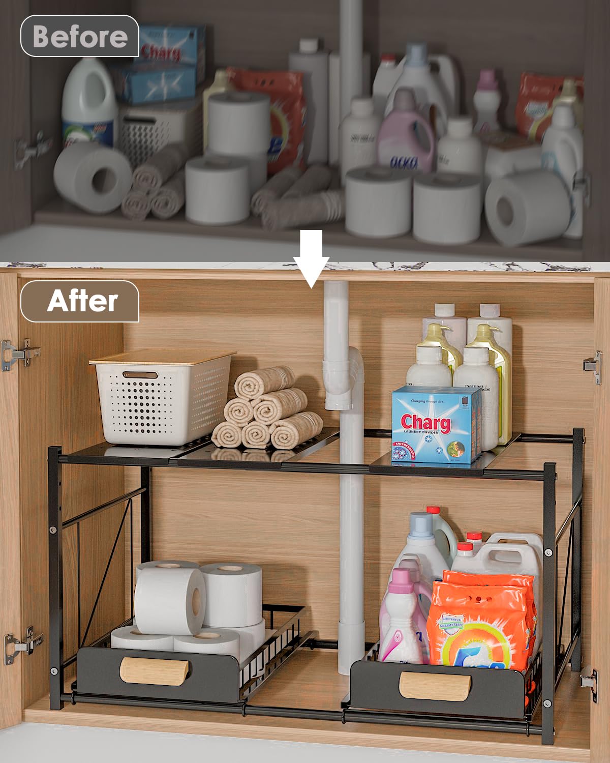 REALINN Extendable Under Sink Organizer, 2 Tier Expandable Under Cabinet Organizer Shelf with Height Adjustable, Retractable Cabinet Storage, Black