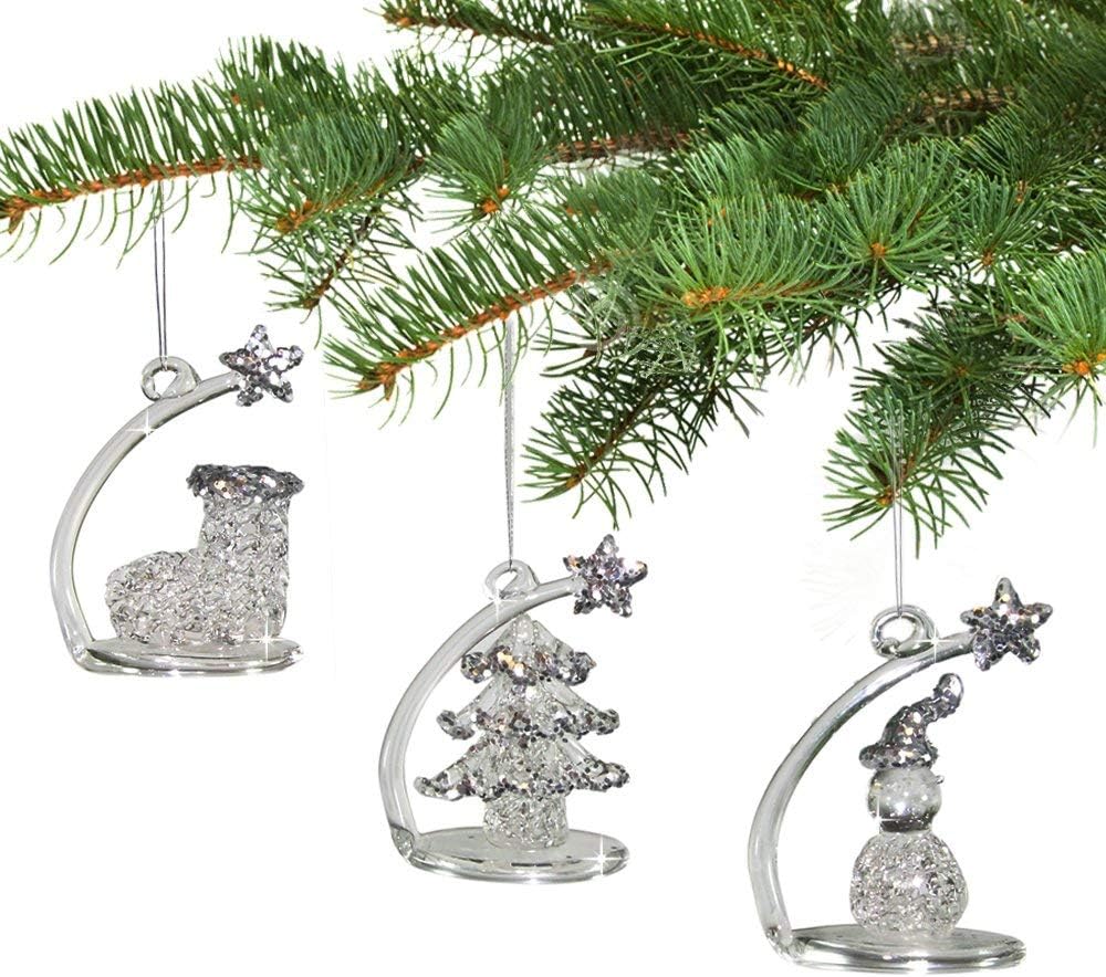 Glitter Christmas Ornaments Set of 3 - Boot, Tree & Snowman Glass Decor - 2.25” H x 1.75” W