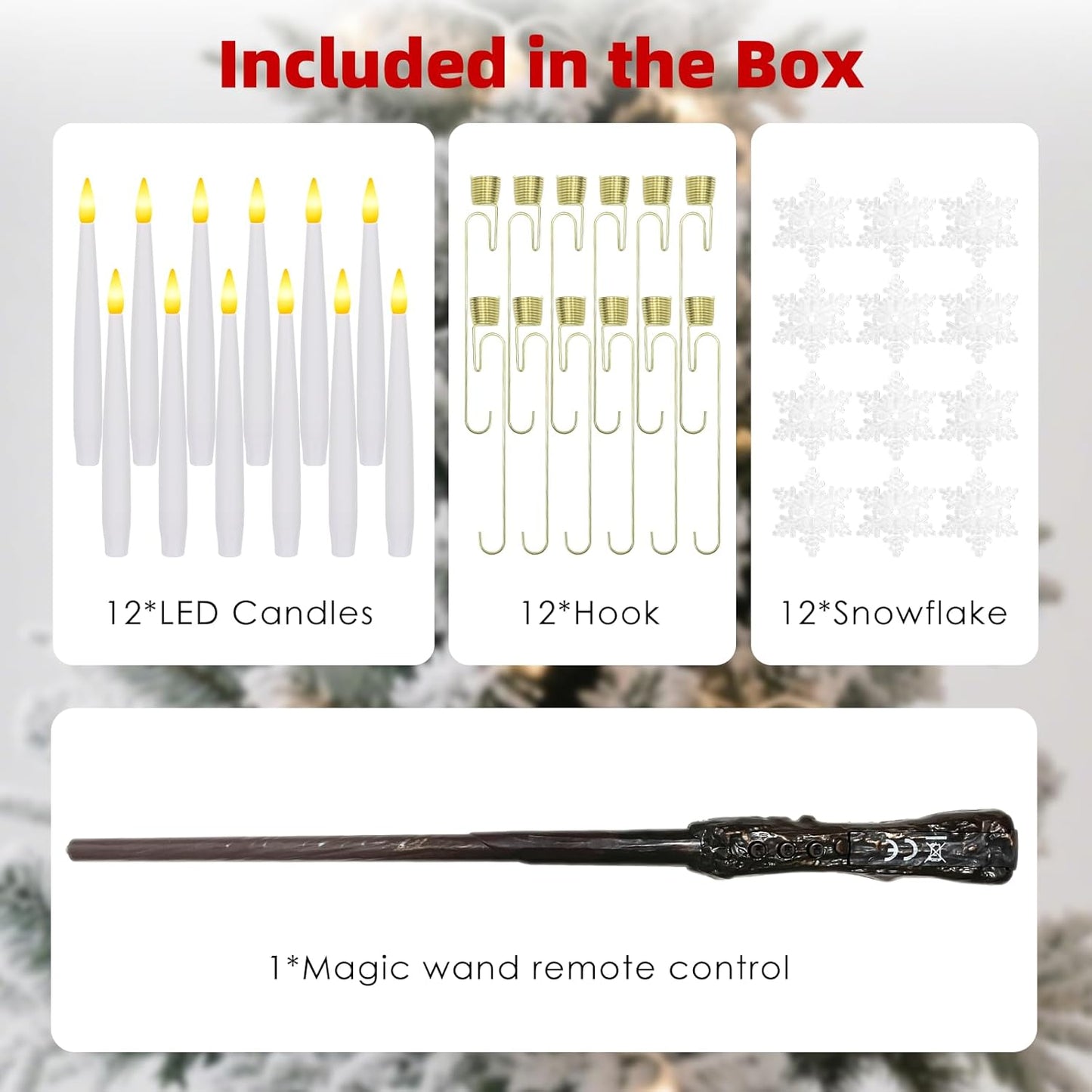 Flameless Christmas Tree Candles - 12 Pack LED Flickering Battery Operated Decor with Magic Wand & Snowflake Design