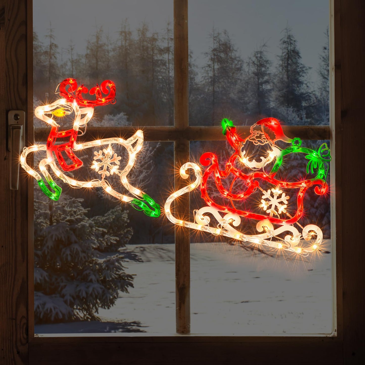 JUSTPRO 50L Lighted Christmas Sculpture,Including: Deer x1,Santa and Sleigh x1, for Holiday Indoor and Outdoor Wall Door Christmas Window Decorate