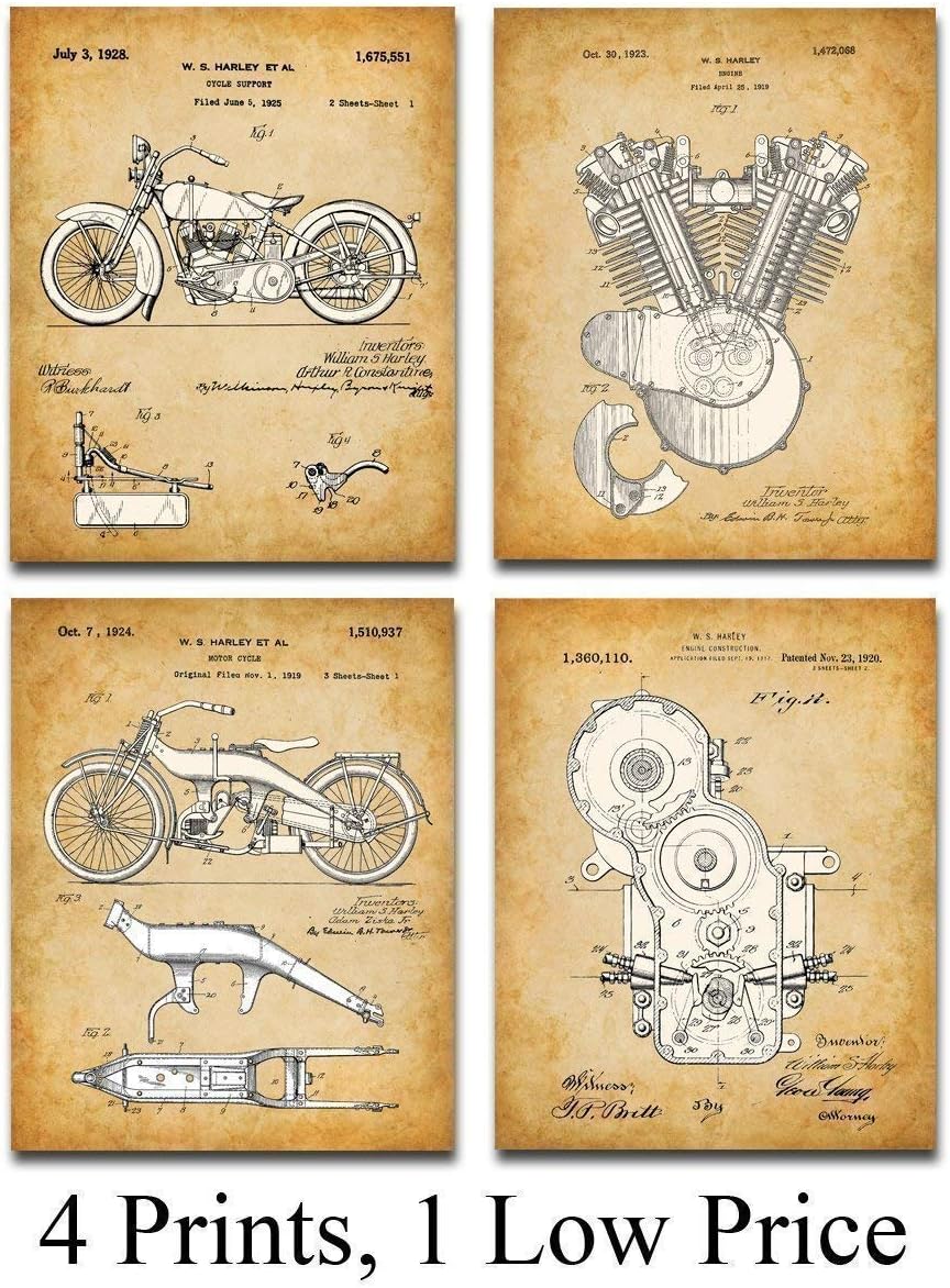Harley Davidson Motorcycle Patent Wall Art Prints - Set of 4 Unframed 8x10 Posters for Home Decor & Gifts