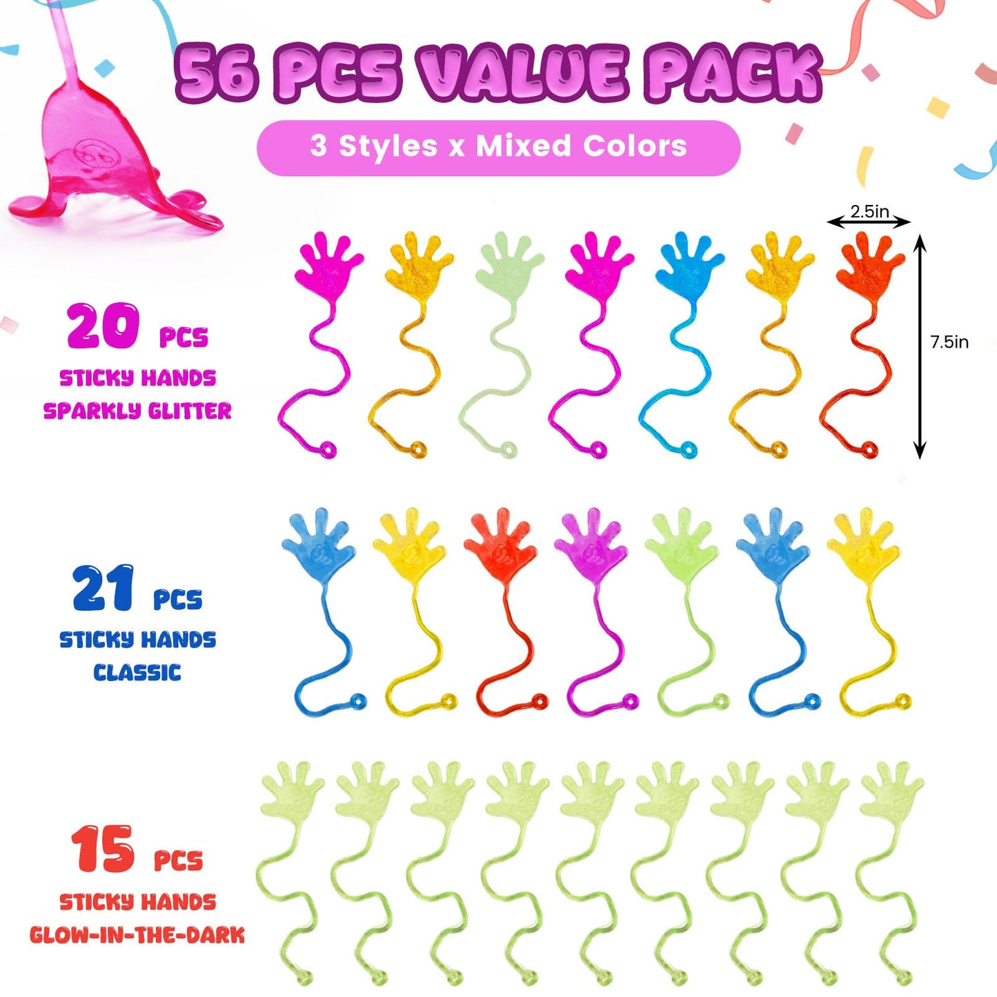 POPLAY 56PCS Sticky Hands Party Favors, Glowing Sticky Hands Glitter Fingers Party Table Favor Set for Kids, Birthday Goodie Bag Stuffers, Classroom Gift Exchange School Rewards