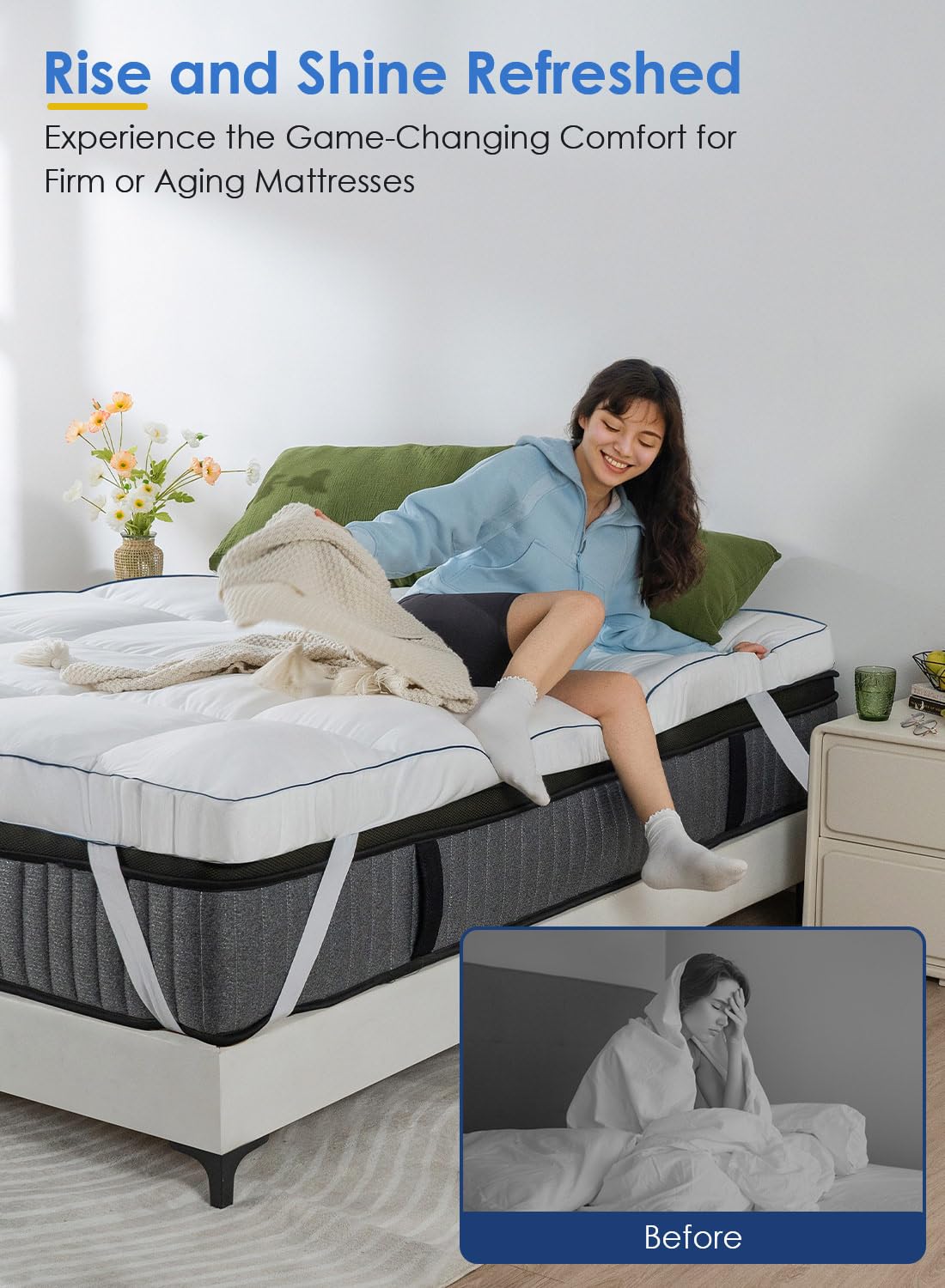QUEEN ROSE Mattress Topper Full Size, Pillow Top Extra Thick Mattress Pad, Soft Baffle Box Overfilled Down Alternative for Back Pain, 4 Corner Straps, White