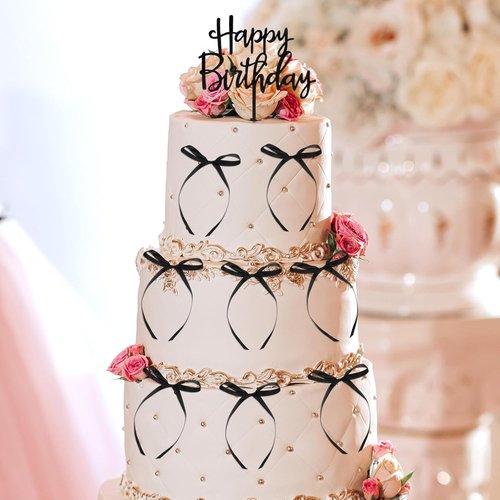 Big Happy Birthday | 20 Pcs Vintage Ribbon Bow Cupcake Toppers for Weddings & Parties - Black