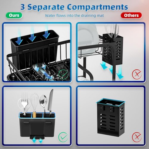 GAOKASE Stainless Steel Dish Drying Rack - Kitchen Counter Dish Drainer with Removable Utensil Holder | Black