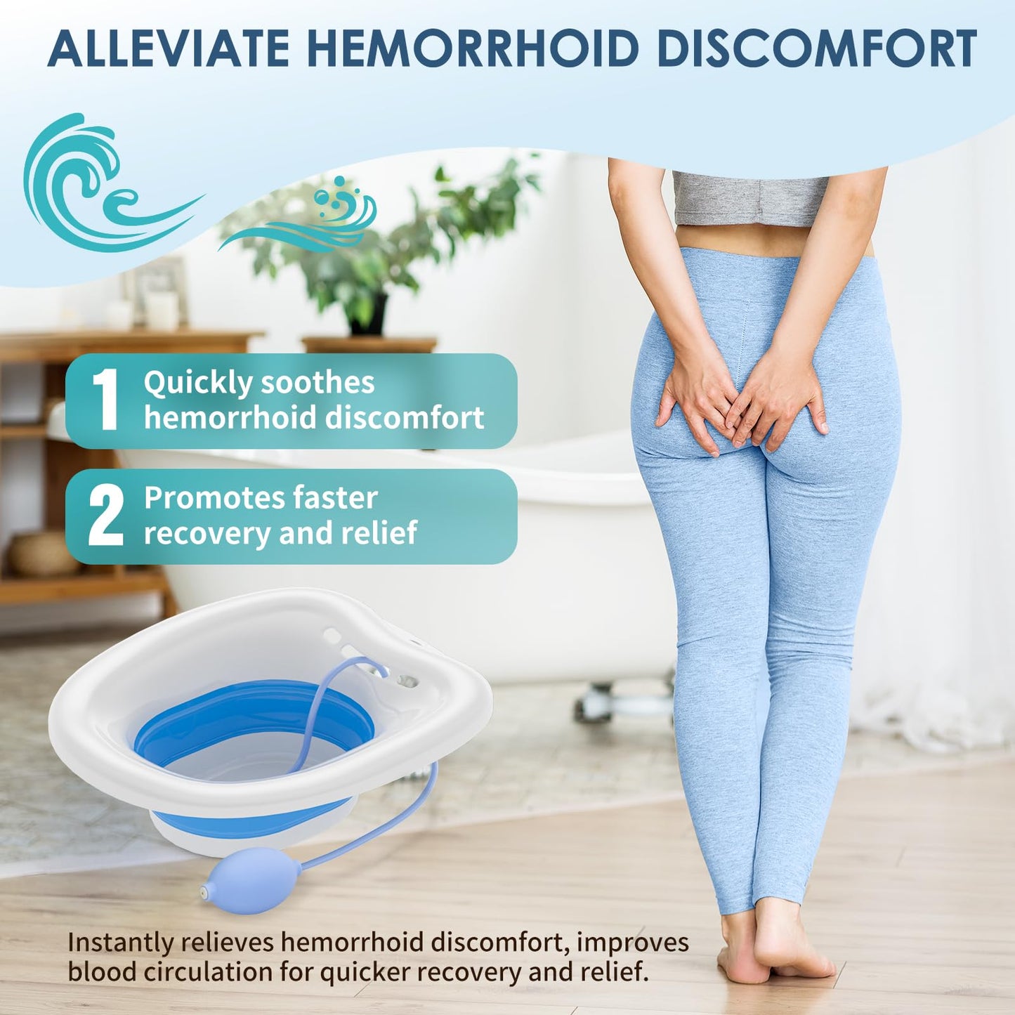 Soothic Sitz Bath for Toilet Seat, Sitz Bath for Hemorrhoids, Sitz Baths for Postpartum Care, Upgraded Collapsible Sitz Baths with Flusher, Drain Holes, Wider Seating Area, Deeper Bowl