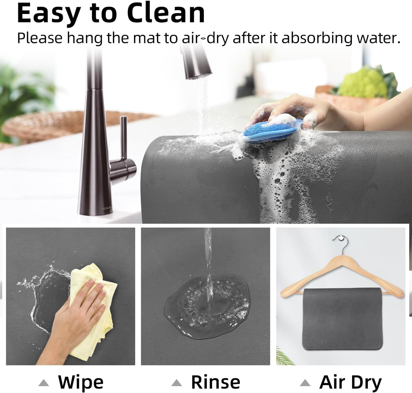 LOPNUR Dish Drying Mat - Super Absorbent Diatomite Kitchen Counter Pad | 24"x16" Grey with Anti-Slip Backing