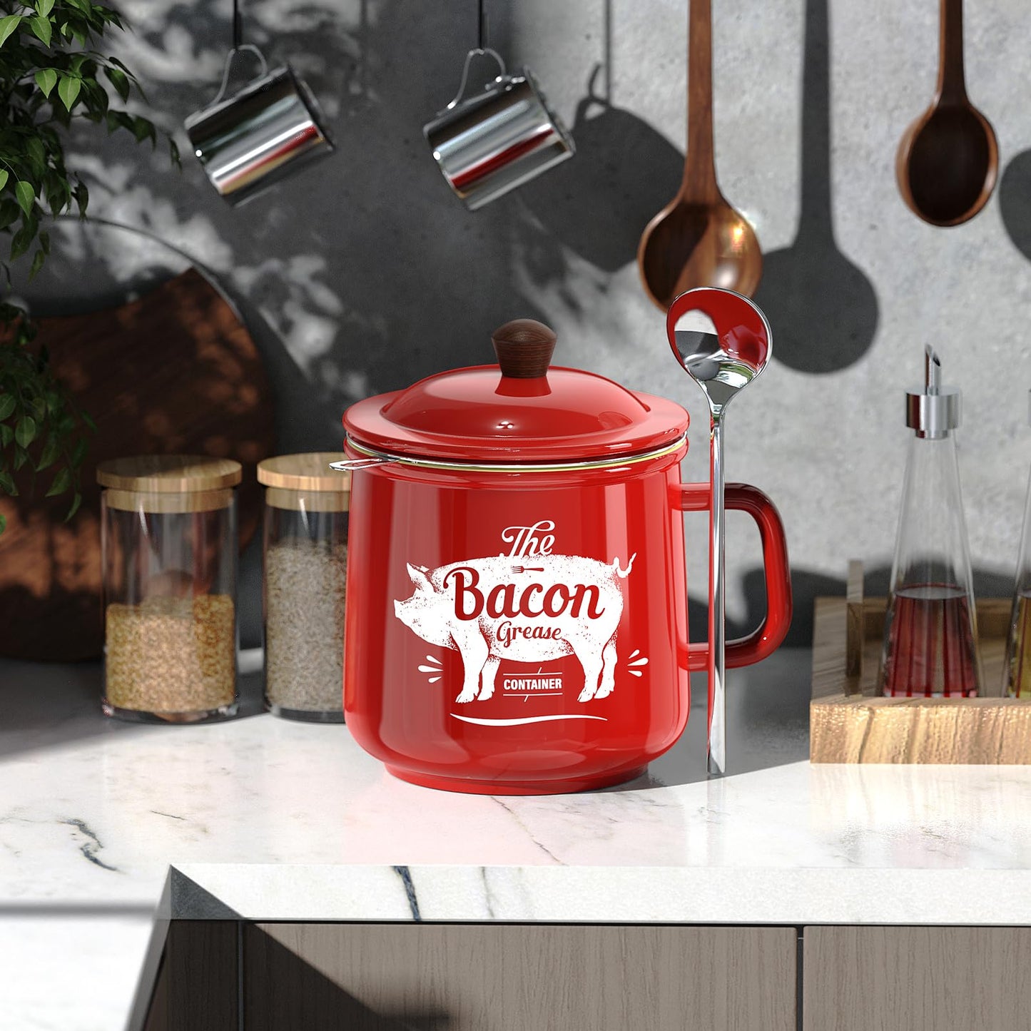 PGYARD Ceramic Bacon Grease Saver With Strainer - 23OZ Bacon Grease Container Farmhouse Keeper For Kitchen Fat Storage-Red