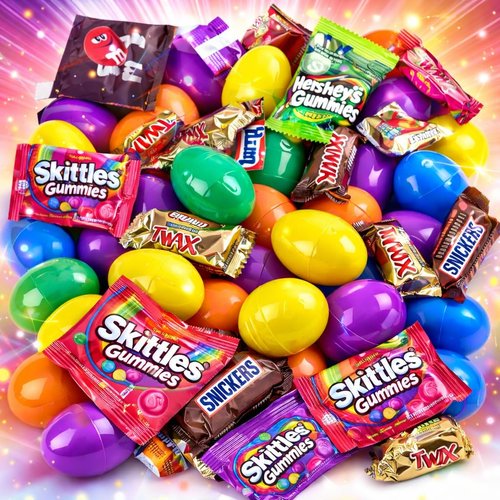 Chocolate Sweet Sour Gummy Combo Egg Hunt Pre Filled Candy Easter Eggs, 50 Count