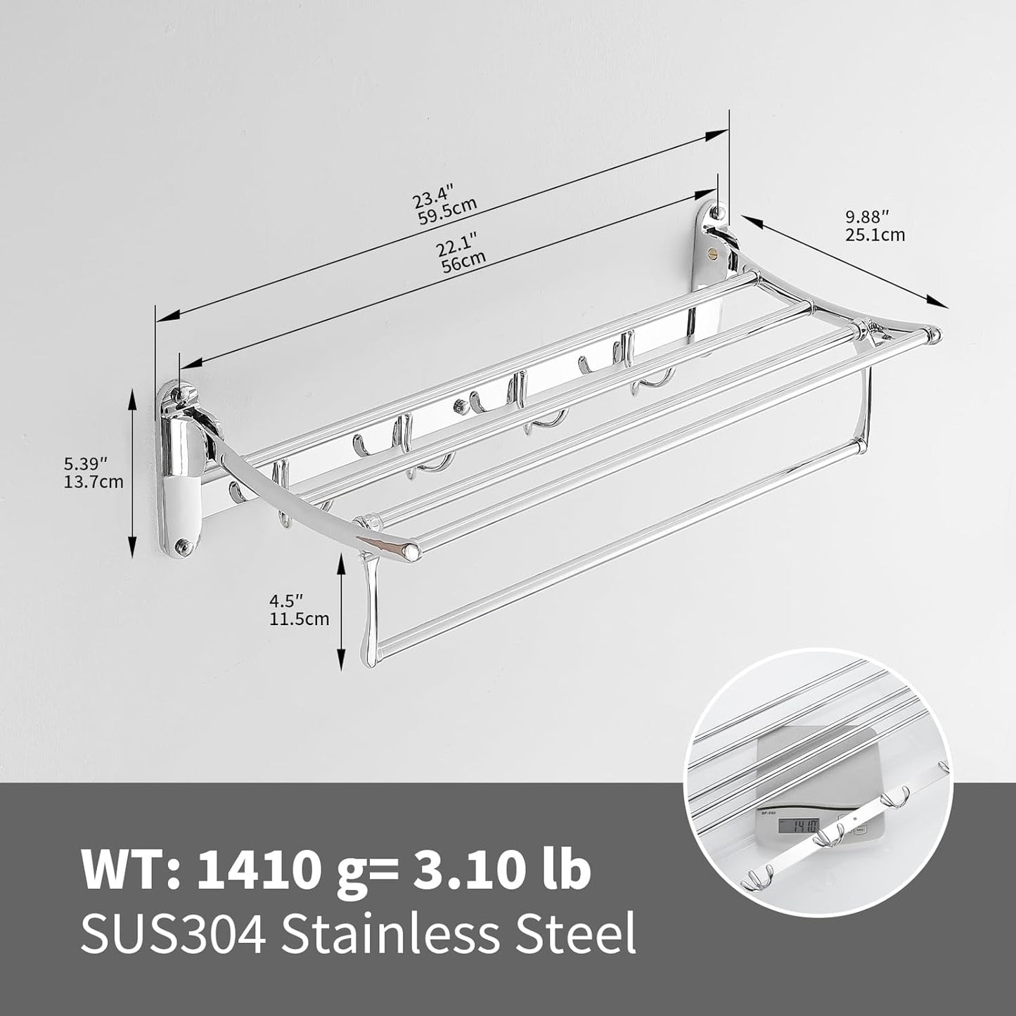 BESy 24 Inch Brushed Nickel Towel Racks, Bathroom Towel Shelf with Foldable Towel Bar Holder and Towel Hooks, Wall Mounted Multifunctional Bathroom Accessories, Double Towel Bars