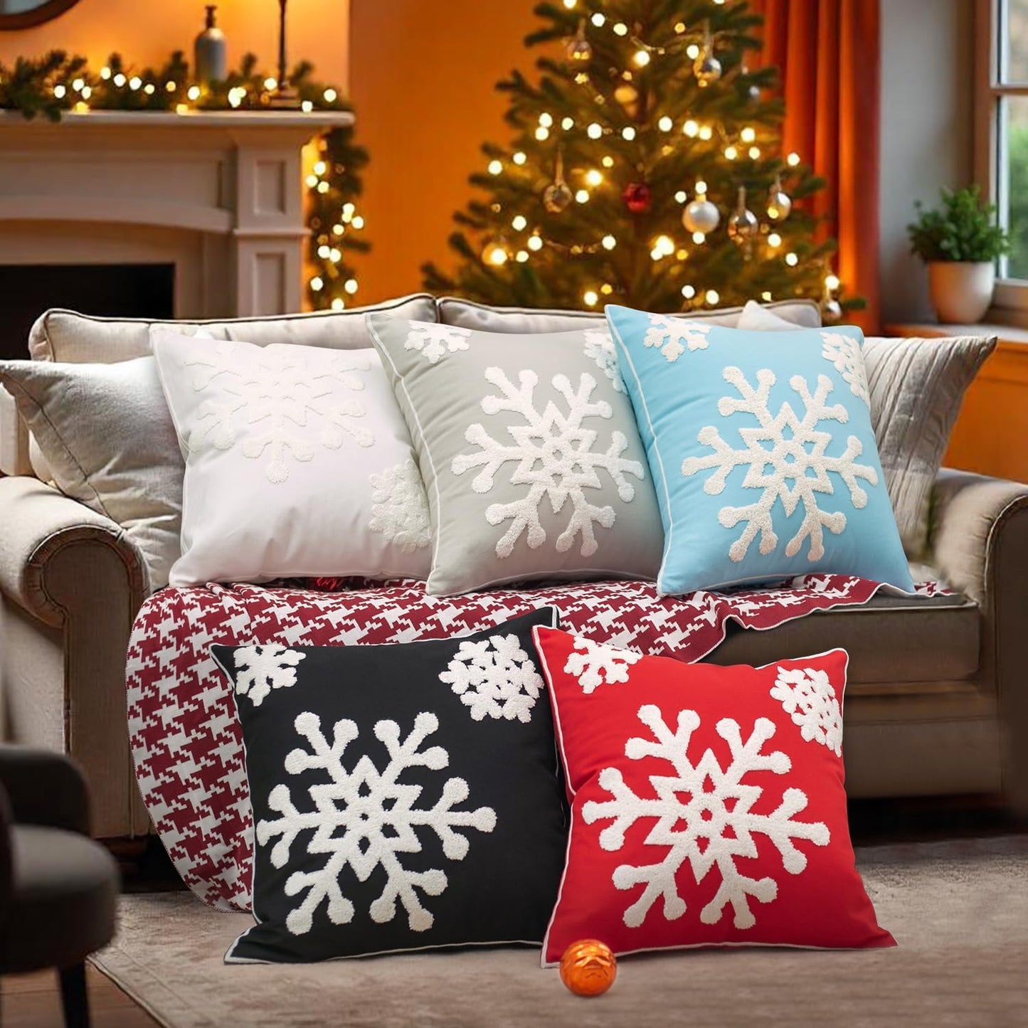 Christmas Snowflake Embroidered Throw Pillow Covers - 18x18 Cotton Linen, Set of 2