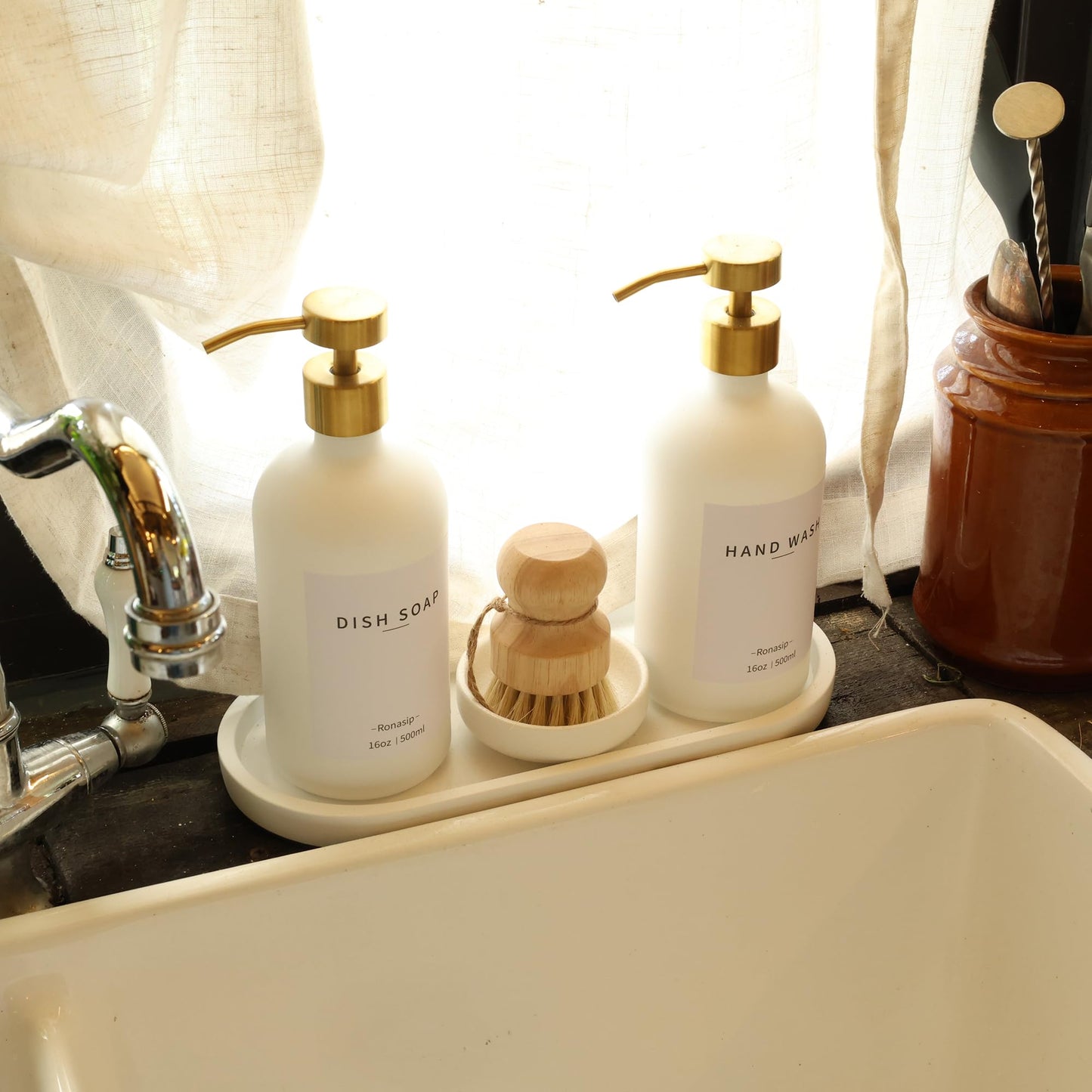 Ronasip Set of 5 Kitchen Soap Dispenser Set 16 Oz Glass Hand Dish Soap Dispenser with Stainless Steel Pump, Cement Tray, Dish Scrub Brush for Farmhouse Rustic Home Bathroom Decor (White)