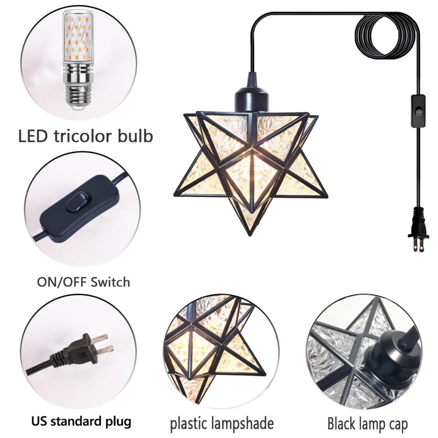 JLOWCO Plug-in Moravian Star Pendant Light with 16.5ft Cord and Switch, Modern Farmhouse Black Hanging Light for Kitchen Island Bedroom Hallway Porch Etc(LED Bulb Include)