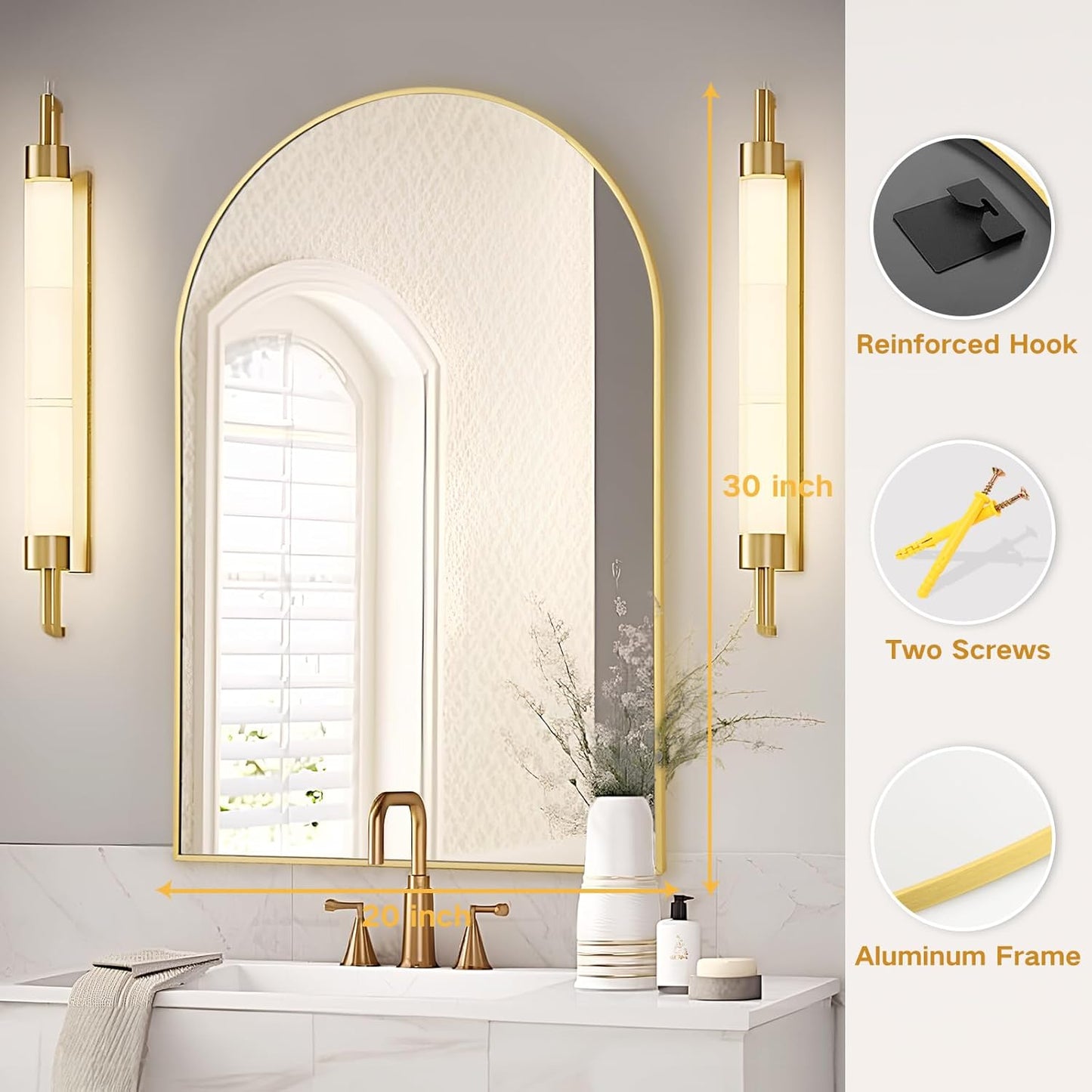 Gold Arched Bathroom Mirror - 20x30 Gold Mirror Arch Framed for Wall, Over Sink Mantel Vanity Mirrors Decorative for Dresser, Firplace
