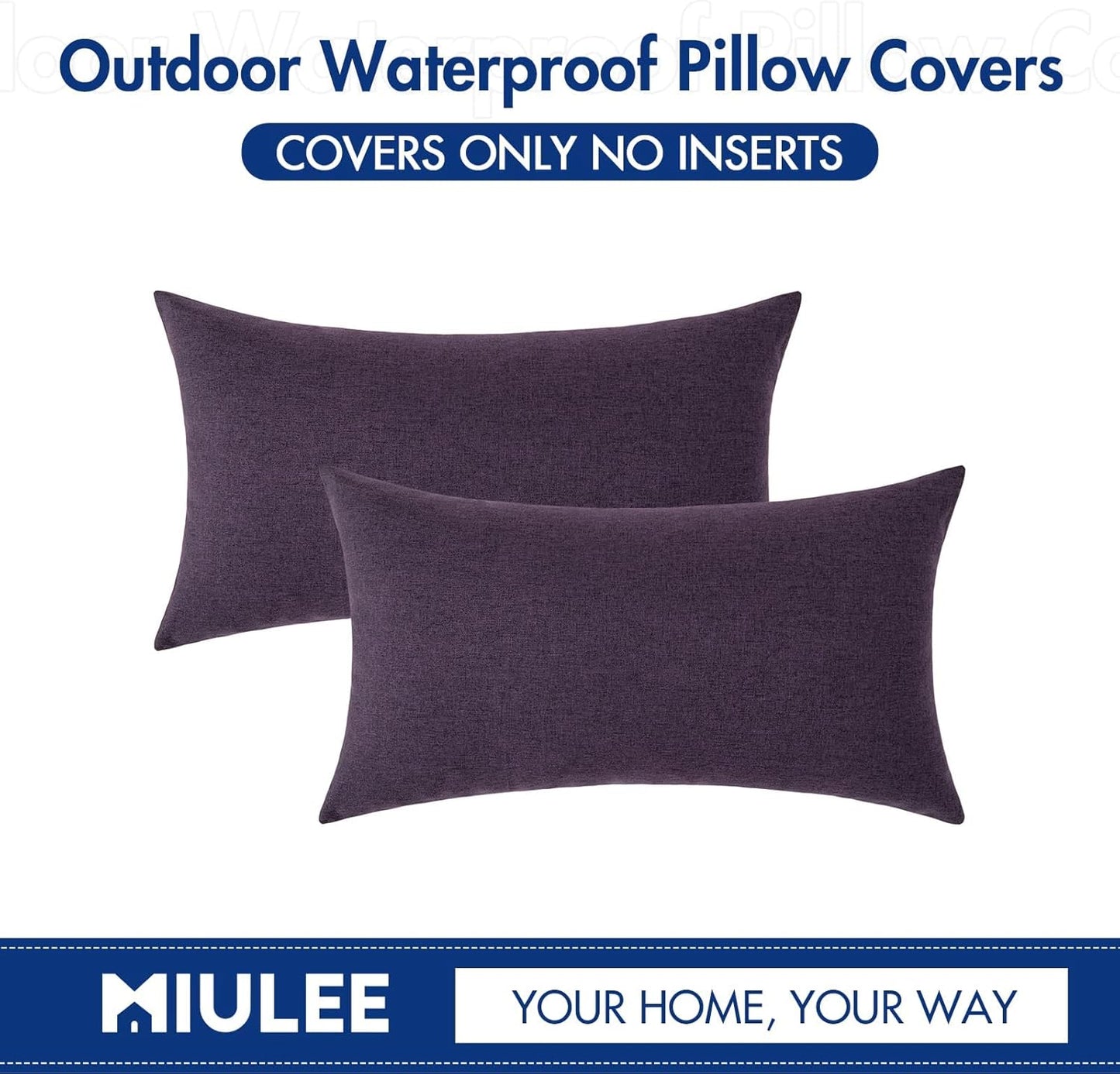 MIULEE Waterproof Outdoor Throw Pillow Covers - Pack of 2 Faux Linen Cushion Cases | 20x12 Inch Purple