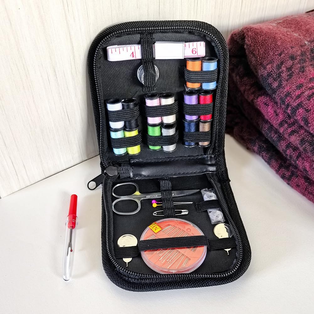 Skiennix 42-Piece Sewing Kit - Complete Home & Travel Essentials with Scissors & Thread - Black Bag