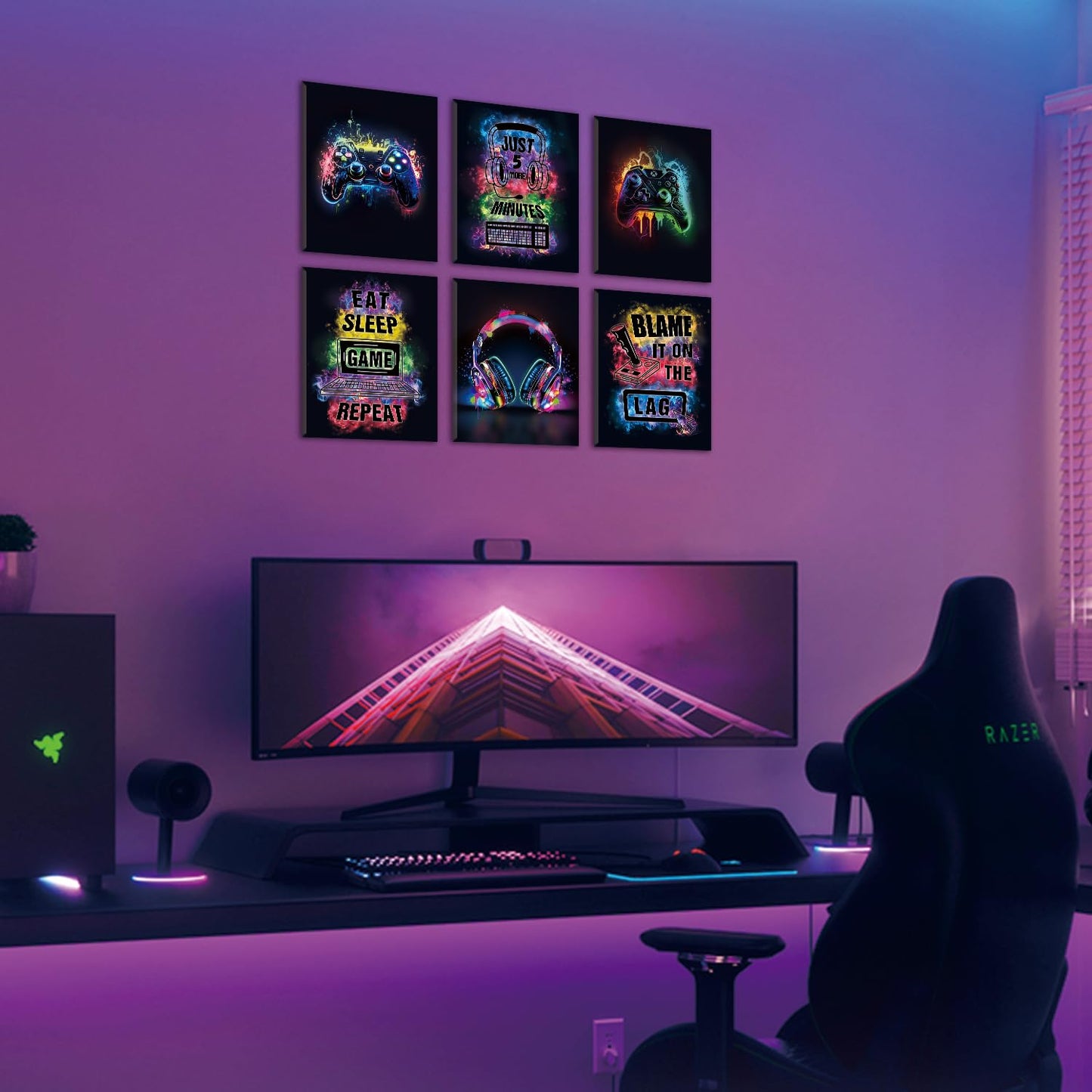 HPNIUB Gamer Room Decor for Boys, Video Game Wall Art Graffiti Gamepad Earphone Canvas Poster, Set Of 6 Piece (8x10inch,Framed) Gaming Picture for Teenage Boy Room Decororations