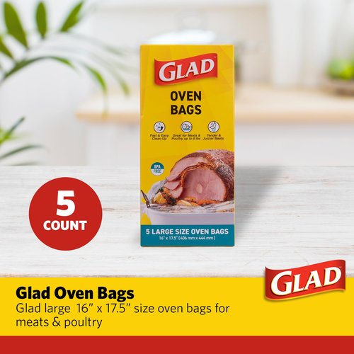 Glad Large Size Oven Bags for Meats & Poultry – BPA-Free* for Tender, Juicy Roasts with Fast & Easy Clean-Up, Cooking and Roasting Bags, Large 16" x 17.5" - 5 Count