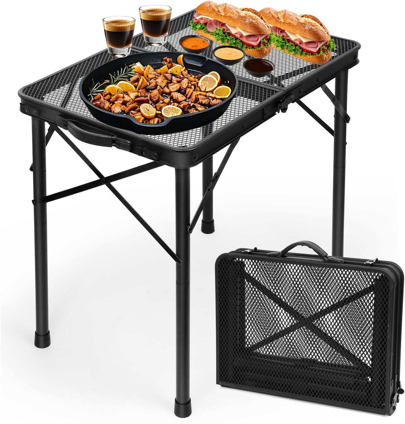 Skiennix Folding Camping Table - Adjustable Height 10.6–22 in, Portable Black Metal Mesh, 23.6×15.8 in, 66 lb Capacity