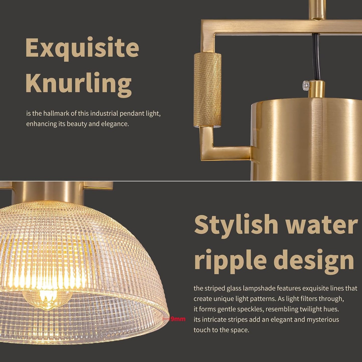 Pendant Lights Kitchen Island, 11.8" Gold Glass Pendant Lights Modern Vintage Fluted Large Dome Shade Brass Island Lights for Kitchen Dining Room Hallway Bedroom Restaurant.