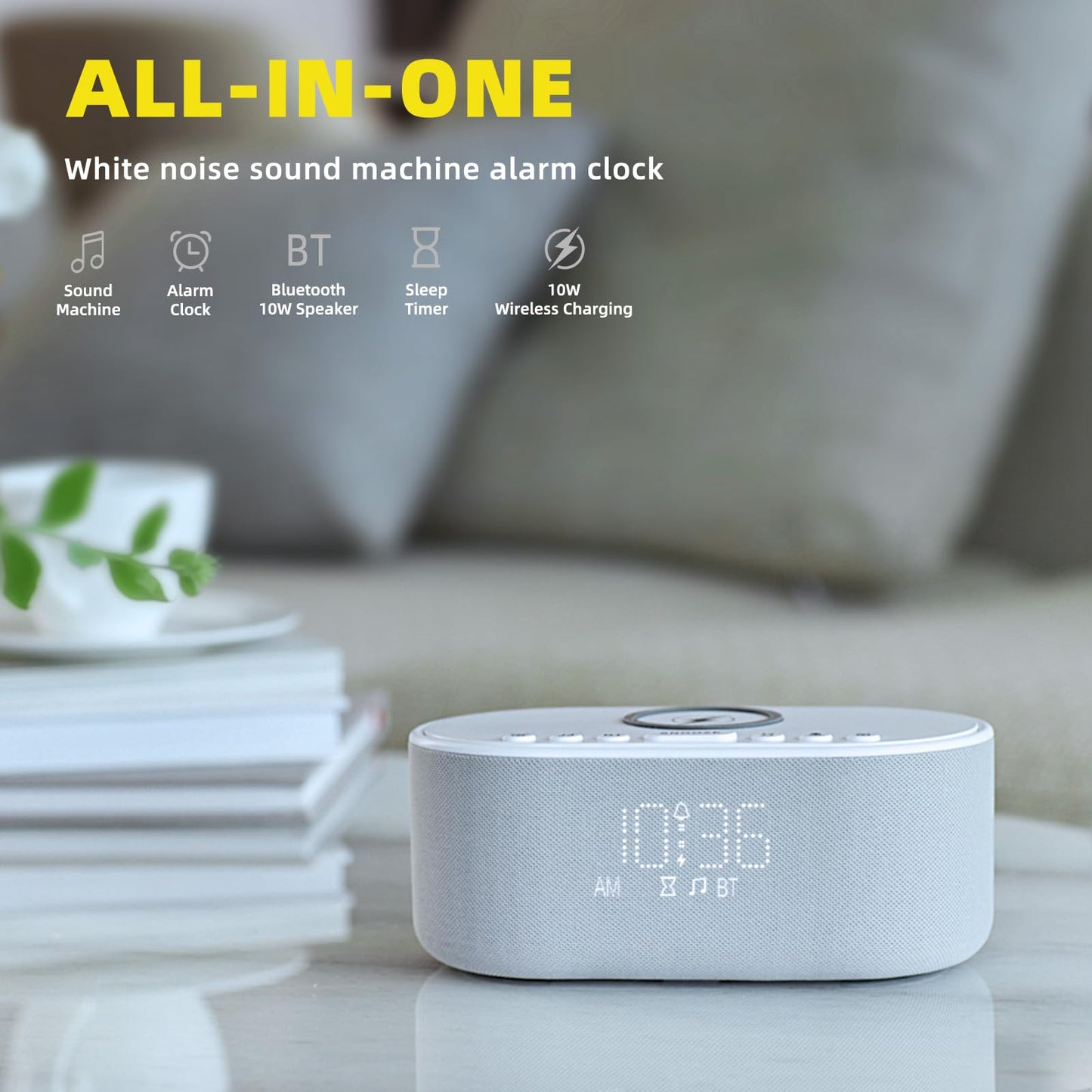 Odokee Sound Machine Alarm Clock Wireless Charger: Bluetooth 10W Stereo Sound Speaker Bedroom - White Noise Machine for Sleeping with 21 Soothing Sounds
