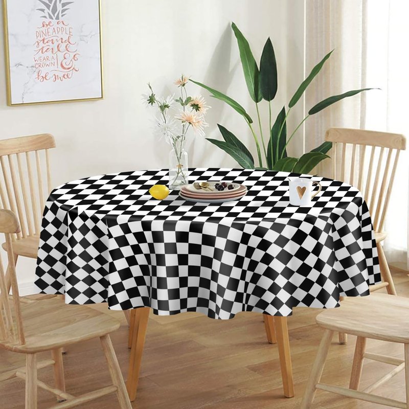 QIKSION Black and White Gingham Round Tablecloth 2 Pack, 84 Inch Plastic Checkered Table Cover Disposable for Parties