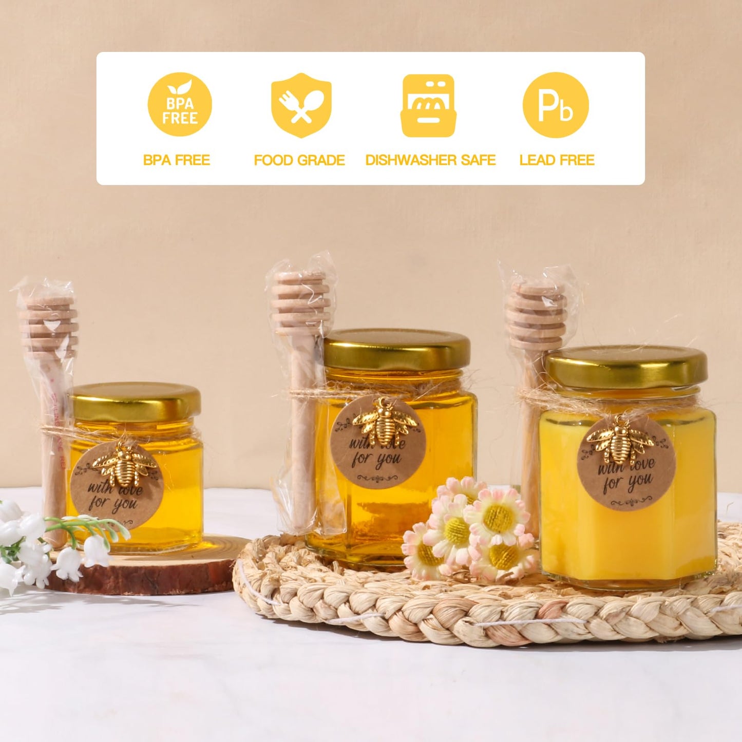 SZUAH 20 Pack 3 oz Mini Honey Jars with Dipper, Glass Hexagon Honey Jar for Wedding Favors, Empty Glass Jars for Party Favor
