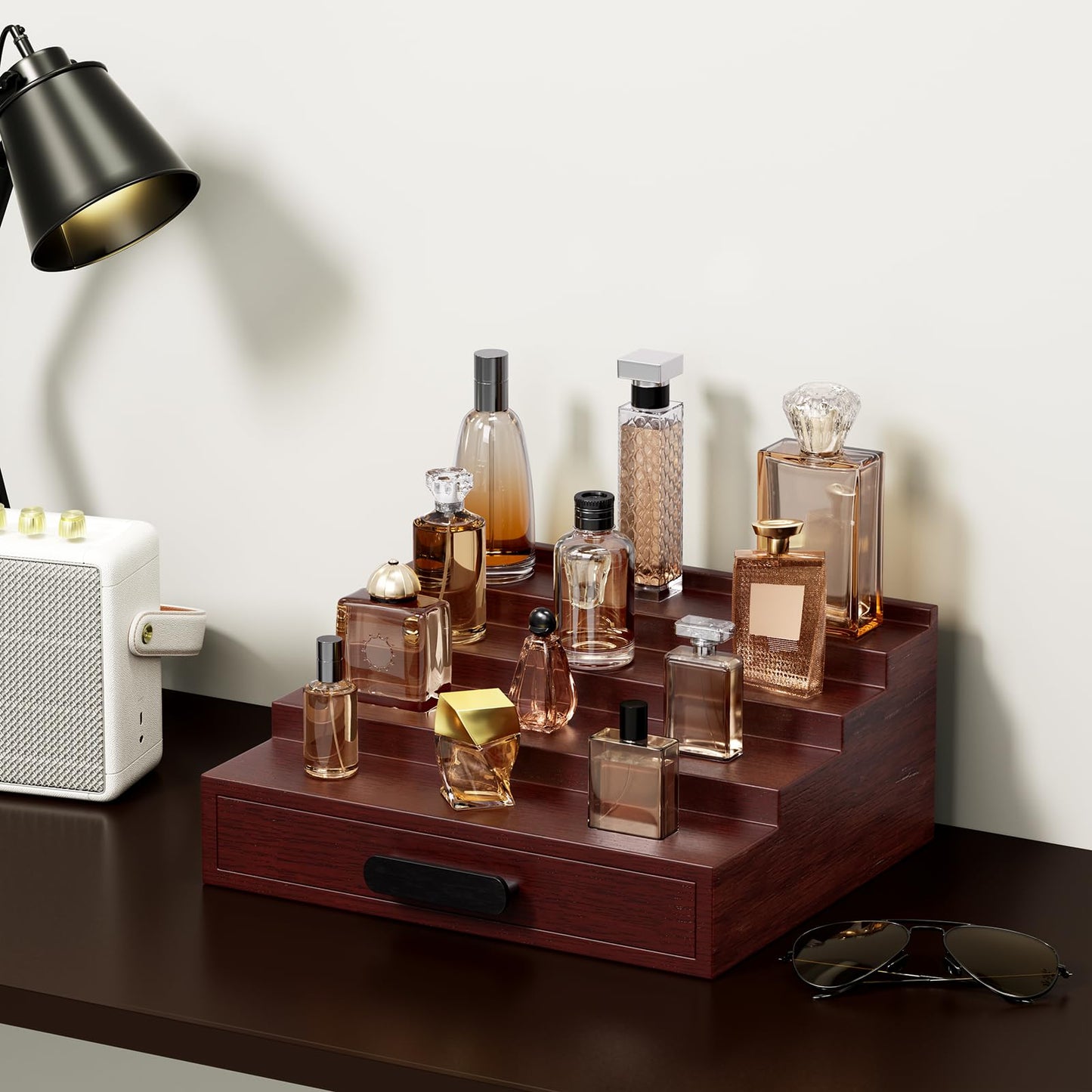 ProCase 4 Tiers Wooden Cologne Organizer for Men, Perfume Display Stand Shelf with Drawer, Men's Cologne Storage Rack, A Perfect Cologne Holder Gift for Men -Espresso
