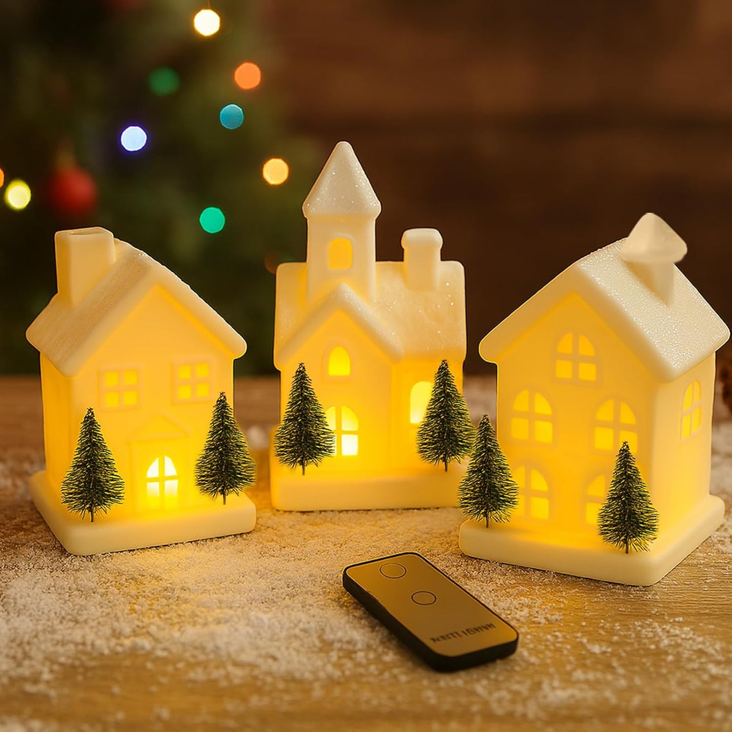 Regine Switzerland Christmas Village Set - 3 Lighted Ceramic Houses with Trees | Rustic White Holiday Decor for Home