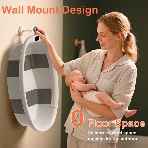 Collapsible Baby Bathtub - Portable Infant Bath Tub with Thermometer & Cushion | Foldable Design for Newborns 0-36 Months (Grey)