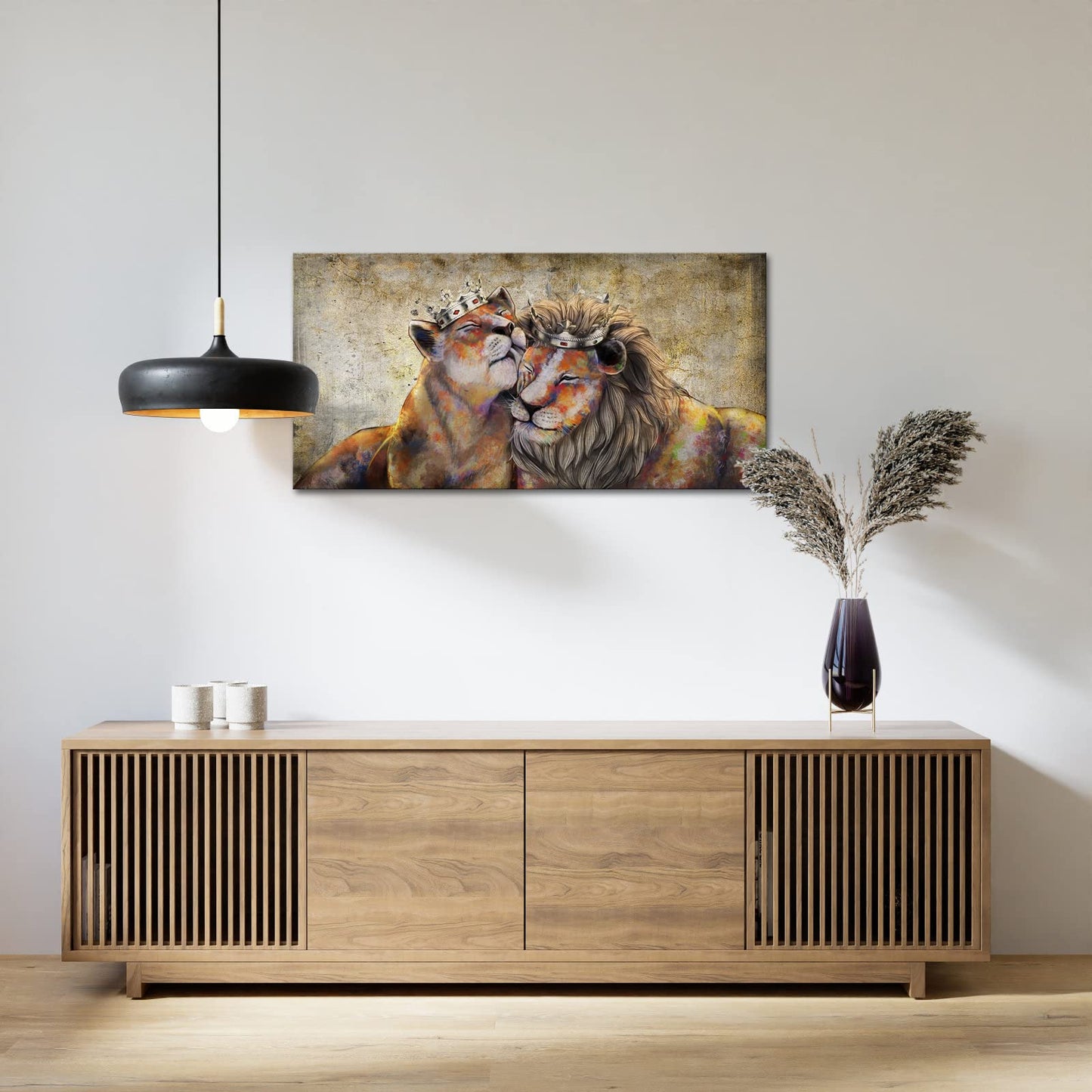 Canvbay Animal King Canvas Wall Art Lion and Lioness with Gold Crown Picture Romantic Couple Artwork Painting for Bedroom Modern Home Decoration Stretched and Framed Ready to Hang 20x40inch