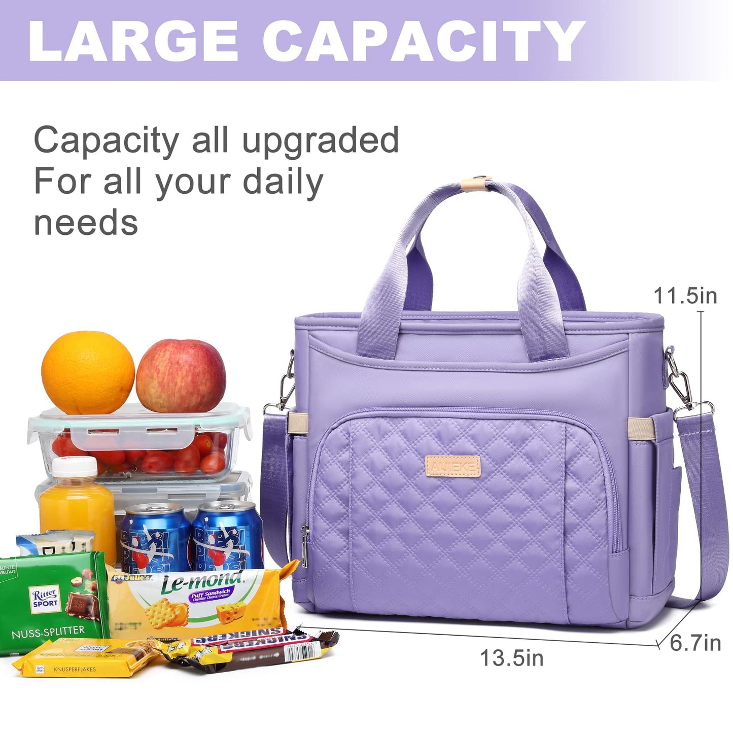 AIJIEKE Insulated Lunch Bag for Women, Lunch Box, Lunch Tote for Work, Large Leak Proof Cooler Bag with Removable Strap, Adult Reusable Lunchbag for Picnic Office Beach, Light Purple