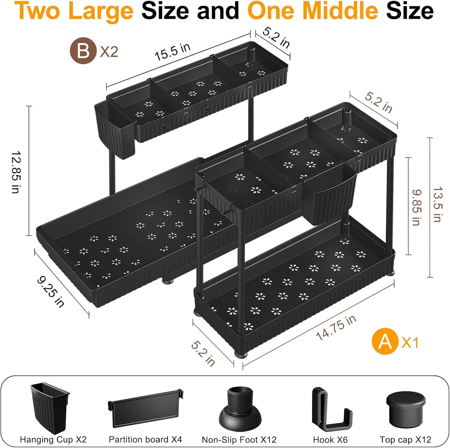 Sevenblue Multi-Purpose Pull-Out Storage Organizers - 2-Tier L-Shaped Under Sink Solution | Black, 12.8 Inches
