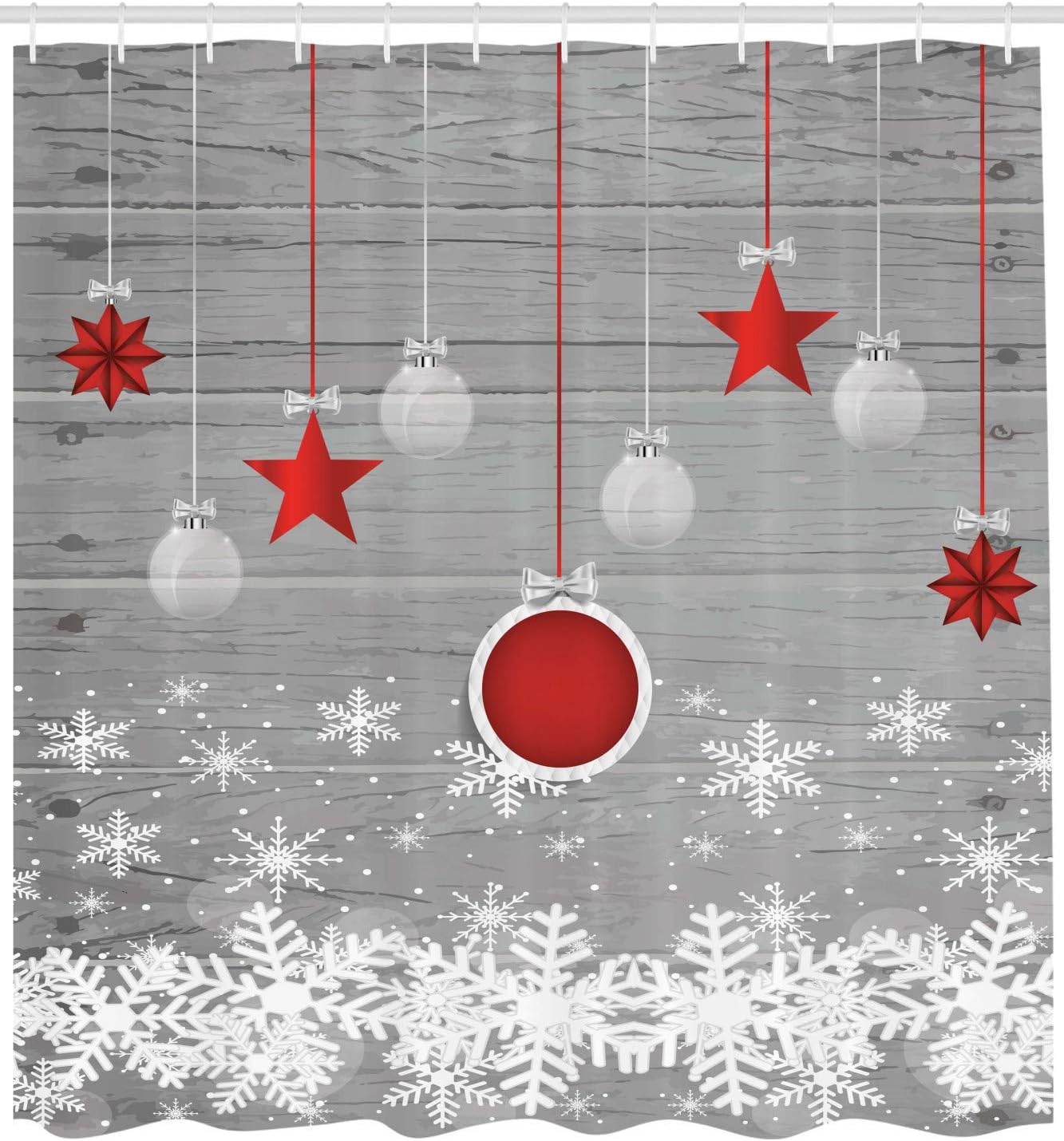 Traditional Christmas Shower Curtain Set with Hooks - Festive Stars & Snowflakes, 69x70" - Grey Red White
