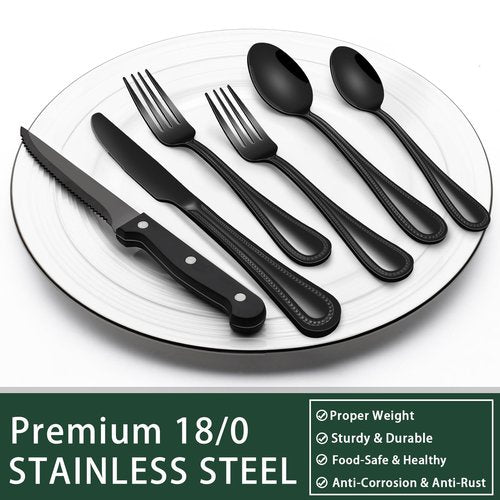 EWFEN 24-Piece Black Silverware Set with Steak Knives, Black Flatware Set for 4, Food-Grade Stainless Steel Tableware Cutlery Set, Mirror Finished Utensil Sets for Home Restaurant, Pearled Edge