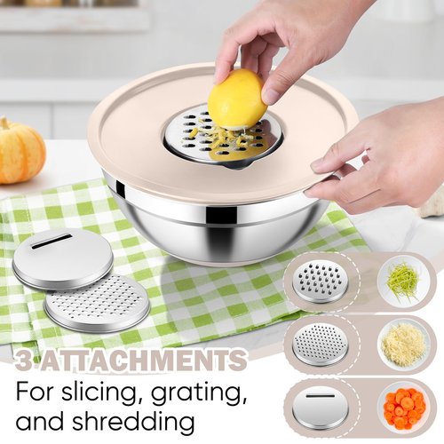 E-far 25PCS Mixing Bowls with Lid Set, Stainless Steel Nesting Prep Bowls with Grater Attachments Non-Slip Bottoms for Cooking, Serving, Food Storage, 4.6/2.6/2/1.5/1/0.7QT - Khaki