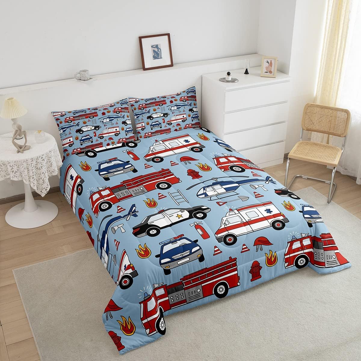 Cartoon Police Car Bedding Set Red Fire Truck Comforter Set for Kids Boys Fire Extinguisher Duvet Set Airplane Comforter 1 Comforter Set with 2 Pillowcases Full Size Boys