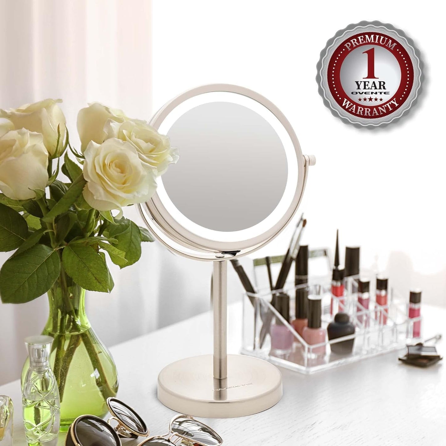 OVENTE 6" Lighted Makeup Mirror with 1X/7X Magnification, Cordless Tabletop Mount Vanity Round Mirror with 360° Swivel Design and Double Sided Cool Tone LED Ring Light, Nickel Brushed MLT60BR1X7X