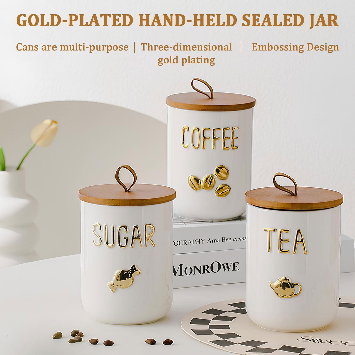 Simcat 27oz Ceramic Canister Set with Airtight Seal Bamboo Lid and Silicone Seal Damp-Proof Kitchen Jar Tea Coffee Sugar Canister Set Food Storage Containers (Portable sealed jar-(coffee))