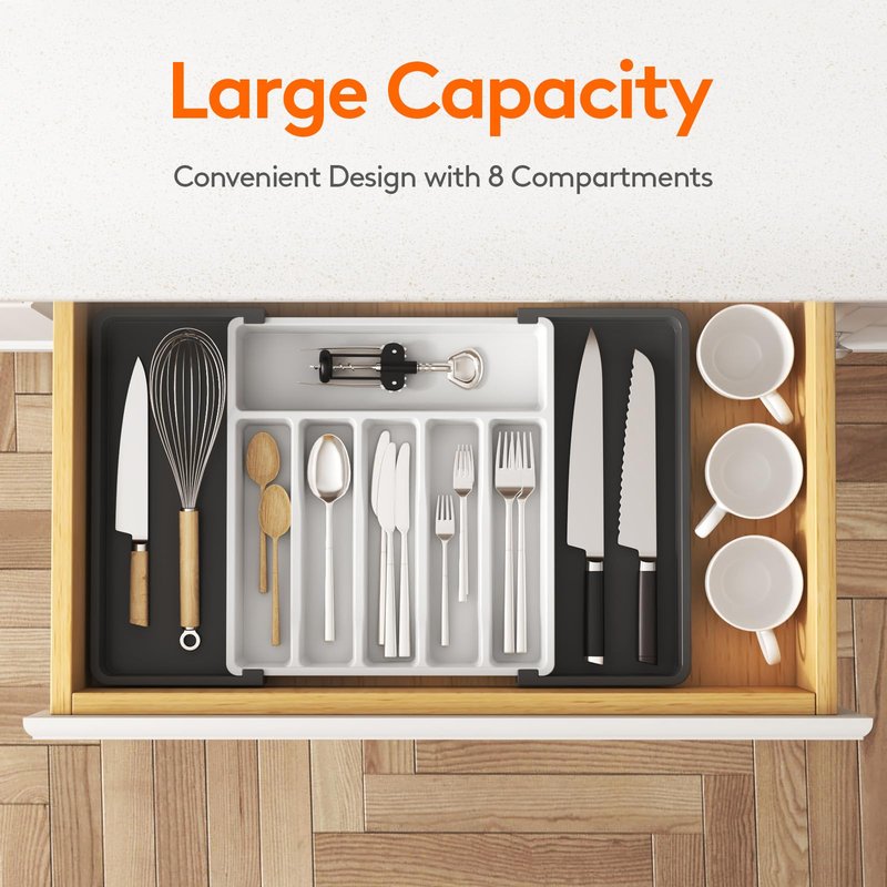 Lifewit Silverware Drawer Organizer, Expandable Utensil Tray for Kitchen, BPA Free Flatware and Cutlery Holder, Adjustable Plastic Storage for Spoons Forks Knives, 13-22 x 15", White&Black
